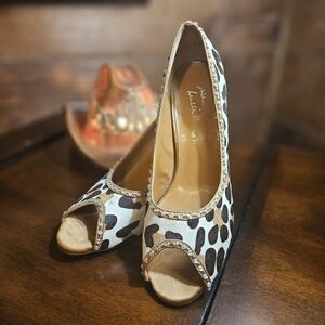 Susan Lucci Chic Leopard Print Peep Toe Heels with Rhinestones